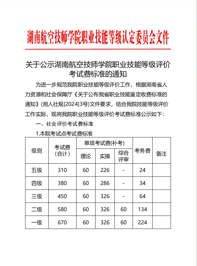 关于公示湖南航空技师平博app官方版下载职业技能等级评价考试费标准的通知
